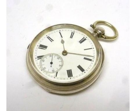 A silver cased open face pocket watch by J. Miles Okehampton, the white enamel dial with black Roman numerals and second hand