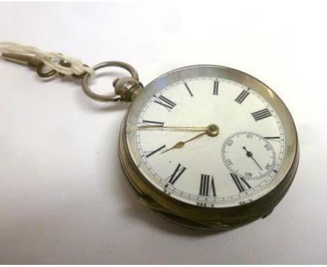 A silver cased open face pocket watch, the white enamel dial with black Roman numerals and second hand section within an engi