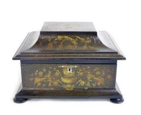 An early 19th century papier-mache work box by Jennens & Bettridge, the cover painted centrally with an urn within a surround