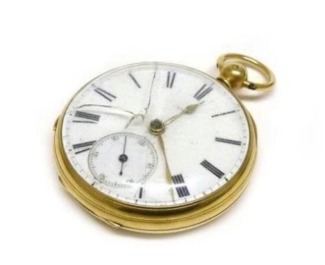 An 18ct yellow gold cased open face pocket watch, the white enamel dial with black Roman numerals and second hand section wit