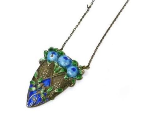 An Art Nouveau silver and enamel decorated pendant necklace depicting a basket of flowers, Ward Brothers, Chester 1909 CONDIT