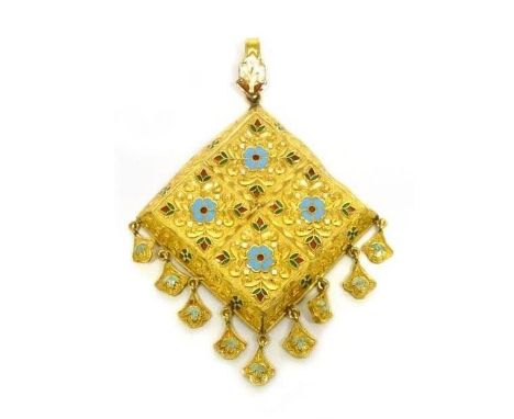 A Middle Eastern stamped yellow metal and enamel decorated pendant of square form suspending nine leaf shaped motifs, stamped