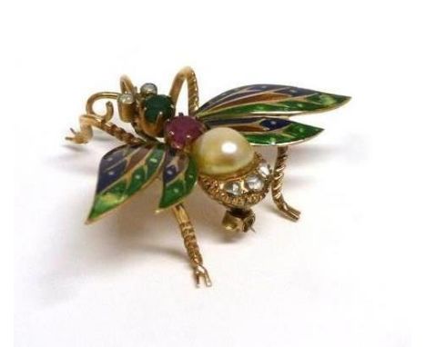 A 19th century yellow metal and enamel decorated brooch in the form of a winged insect set rose cut diamonds, pearl, ruby, em