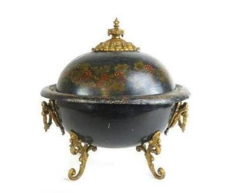 A Regency-type painted metal coal bucket, the cover surmounted by a gilt metal finial, on scrolled feet, l. 56 cm
 CONDITION 