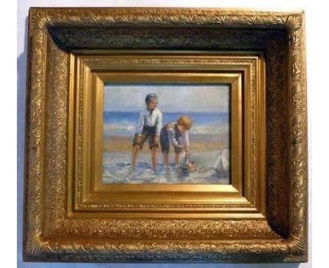 20th century School,
a study of two boys playing with a boat in the sea,
oil on board,
19 x 24 cm
 CONDITION REPORT: Well fra