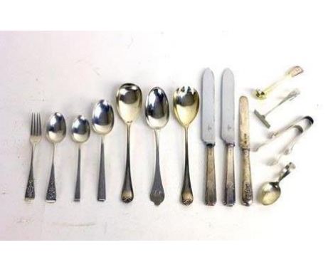 A selection of silver flatware including spoons and assorted knives by various makers, approx. combined w. 446 gms 