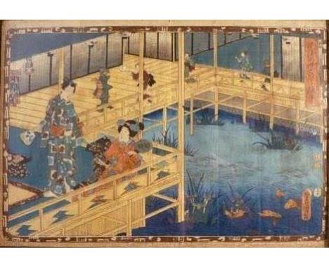A late 19th/early 20th century Japanese woodblock print depicting a village scene, 22.5 x 32.5 cm, together with another, sim