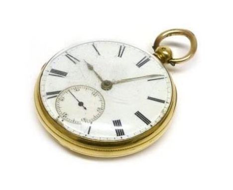 An 18ct yellow gold cased open face pocket watch, the white enamel dial with black Roman numerals and second hand section wit