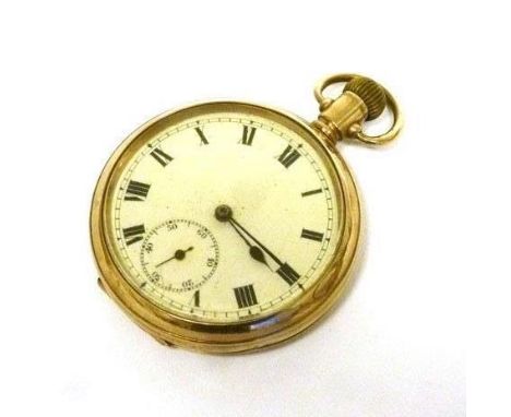 A 9ct yellow gold cased open face pocket watch, the white enamel dial with black Roman numerals and second hand section withi