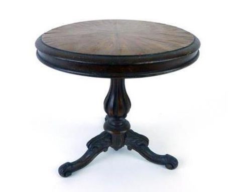 A Victorian mahogany and parquetry miniature tilt top table, possibly an apprentice piece, the top inlaid with rosewood and s