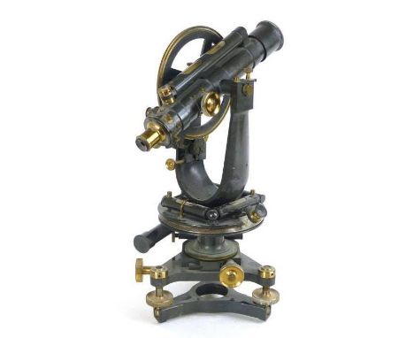 An early 20th century brass surveyors theodolite, marked 'Stanley London Patent', with mounted spirit level and ring knurled 