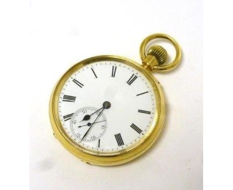 An 18ct yellow gold cased open face pocket watch, the white enamel dial with black Roman numerals and second hand section wit