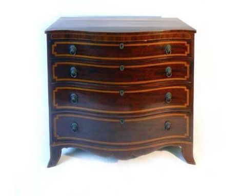 A fine Regency mahogany boxwood line inlaid and parquetry banded serpentine chest of drawers, the four graduated drawers with