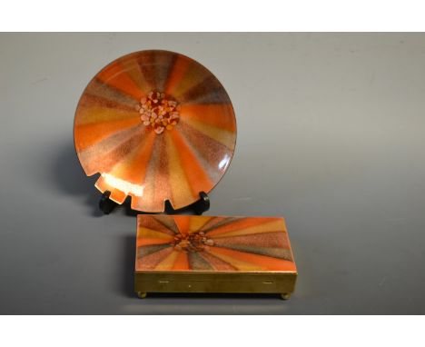 A Bovano of Cheshire Conneticut rectangular trinket box and cover, the cover enamelled in shades of orange, gold and brown wi