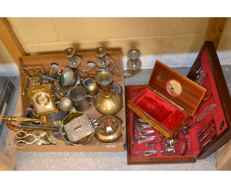 Metalwork - a silver plated two arm candelabra; a brass rocking chair; rosebowl; folding fire screen; magazine rack; cased EP