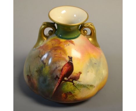 A Royal Worcester vase painted with pheasants, signed