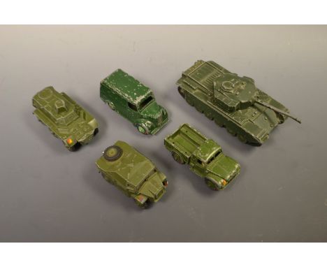 Dinky Toys - Trojan Van, green body, pale green hubs;  Armoured Personnel carrier;  Centurion Tank 651;  Army 1 Ton Cargo Tru