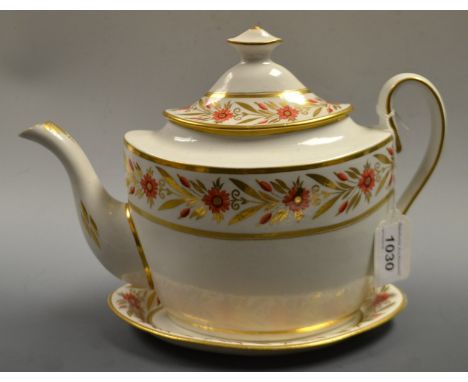 A Factory Z boat shaped teapot and stand, deep band with stylised flowers and gilt leaves, domed cover, button finial, scroll