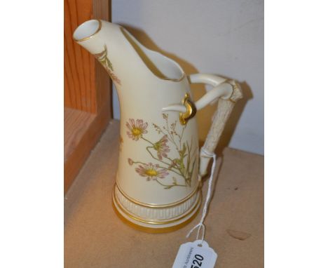 A Royal Worcester tusk jug, printed with wild flowers in colours on an ivory ground, horn handle, 19cm high, printed crown an