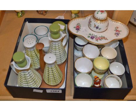 Ceramics - a Crown Staffordshire inkwell decorated with flowers, a novelty figure girl; Abbeydale trinket dishes; Denby; etc