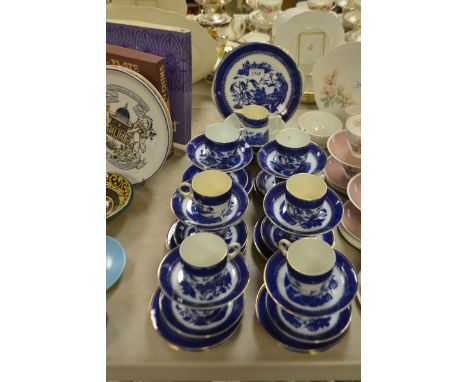 A Victorian willow pattern blue and white tea service for twelve, unmarked 
