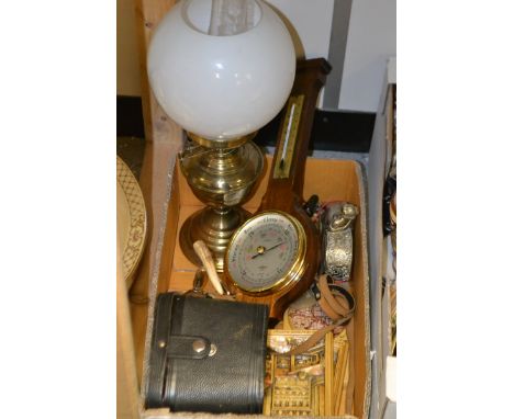 A Smith's Oak barometer; a Victorian brass oil lamp; Coral clock;  a pair of plagues, A Friendly Call, another Interior of an