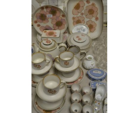 A Denby dinner and tea service; custard cups; Wedgwood; etc.