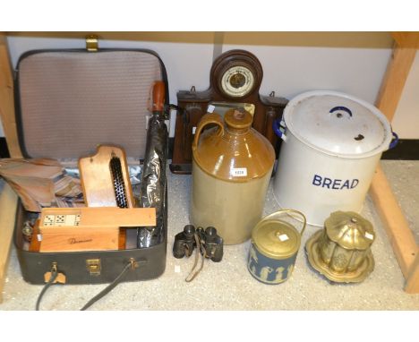 Boxes and Objects - an enamel bread bin; a wedgwood biscuit barrel; a silver plated biscuit barrel; binocules, dominoes, etc