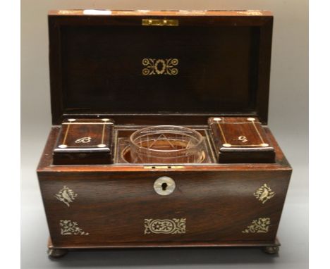 A Victorian rosewood tea caddy,  with mother of pearl inlay,. c.1860