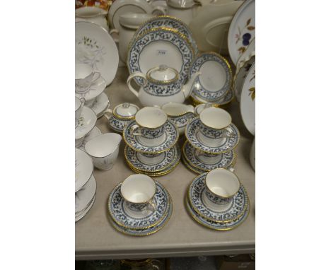 A Royal Crown Derby Imperia pattern tea service including tea pot, two saucers, milk jug, six trios etc qty 