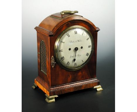 A George III mahogany bracket clock signed Desbois and Wheeler, Grays Inn Passage, the arched top with handle above 7inch (18