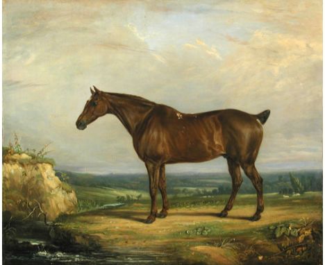 J R Cozens (British, 19th Century) A dark bay hunter in a landscape signed lower right "J R Cozens 1829" oil on canvas, unfra