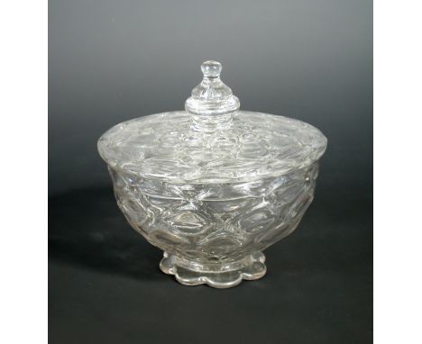 A rare and early 'nip't diamond waies' pedestal bowl and cover, decorated overall with a 'honeycomb' pattern, raised on a fol