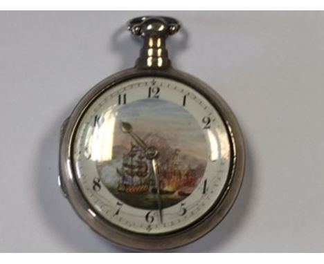 A Simons of Bideford - a silver pair cased pocket watch, with white enamel dial printed with Arabic numerals in black around 