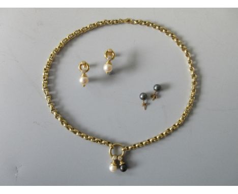 An 18ct gold, diamond and pearl necklace together with two pairs of matched earstuds, the necklace formed by a chunky belcher