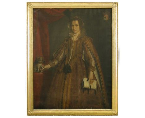Circle of Tiberio Titi (Italian, 1573-1627) Portrait of a Noblewoman, standing, three-quarter length, beside a red curtain, h