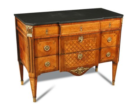 A Transitional style kingwood breakfront commode, with a slate top and parquetry inlaid decoration, gilt brass mounts and rin