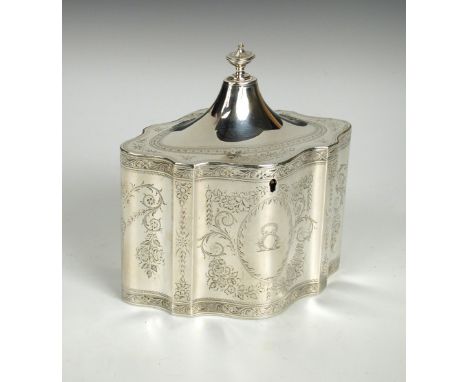 A George III silver tea caddy, by Hester Bateman, London 1786, the serpentine body bright cut engraved with scrolls and festo