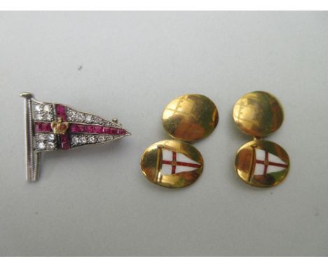 A diamond and ruby Royal Yacht Squadron brooch together with a pair of RYS enamel cufflinks, the white gold brooch designed a