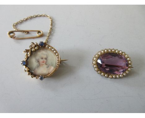 A miniature portrait brooch with sapphire and seed pearl mount together with an amethyst and seed pearl brooch, the first wit