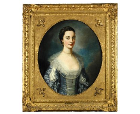 Attributed to Thomas Hudson (British, 1701-1779) Portrait of Mrs Bathurst, wife of *** Bathurst Esq. of Lydney Park in blue a