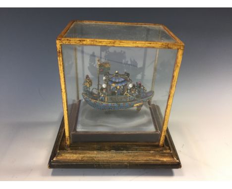 An early 19th century Chinese enamel royal barge, filigree gold thread and set with semi-precious gem stones 8cm (3in)  