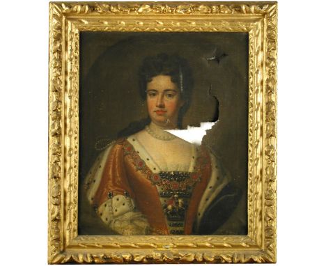 Studio of Sir Godfrey Kneller, Bt. (British, 1646-1723) Portrait of Queen Anne, head and shoulders, in a painted oval oil on 