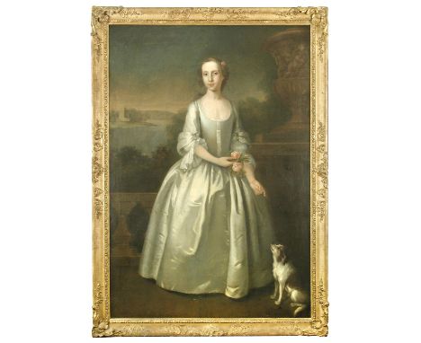 William Denune (Scottish, c. 1710-1750) Portrait of a lady with her small dog by a loch, Neidpath Castle beyond, possibly a m