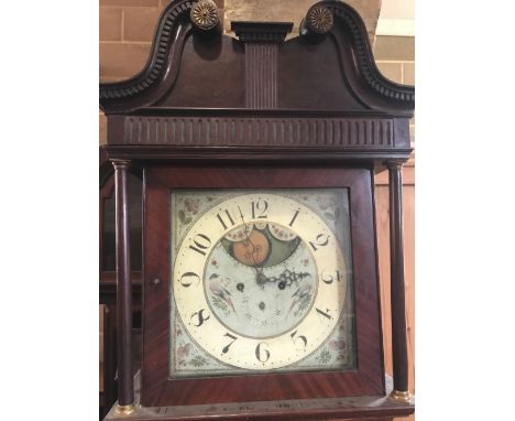 A 19th century oak and mahogany longcase clock, the hood with swanneck pediment above 14inch square painted dial having Arabi