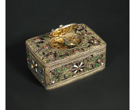 An Austrian 14ct gold and filigree decorated 'Singing bird' automaton box, maker's mark WM, the cover and sides partly decora