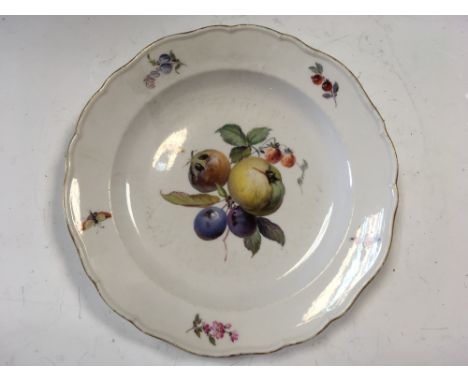 A late 19th century Meissen dessert service, painted with fruit and insects, gilt rims, crossed swords marks in blue, compris