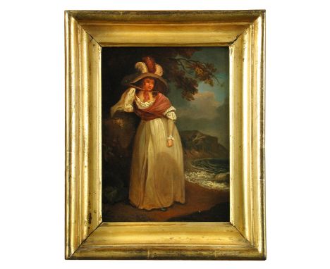 English School (18th Century)  Mrs Morland in a black hat with red feathers, by an arch; and Mrs Bunbury in a feathered hat, 