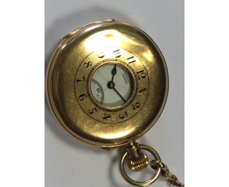 Dent, London - an 18ct gold half-hunter cased pocket watch, white enamel dial printed in black with Arabic numerals, subsidia