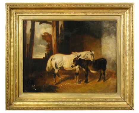 Edward Robert Smythe (British, 1810-1899) A grey mare with her donkey companion in a barn signed on the reverse "E R Smythe" 